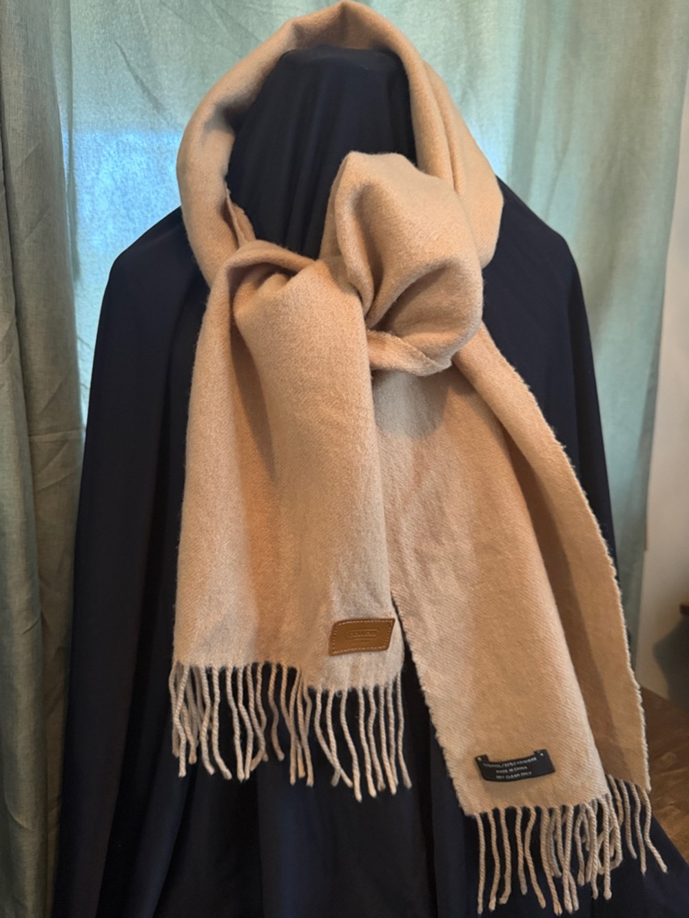 Coach Light Beige Fringe Wool Scarf with Leather Patch